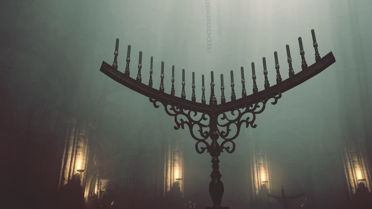 Elegant menorah surrounded by soft candlelight in a dimly lit room