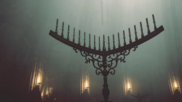 Elegante menorah circondata da una soffusa luce di candele in una stanza in penombra.