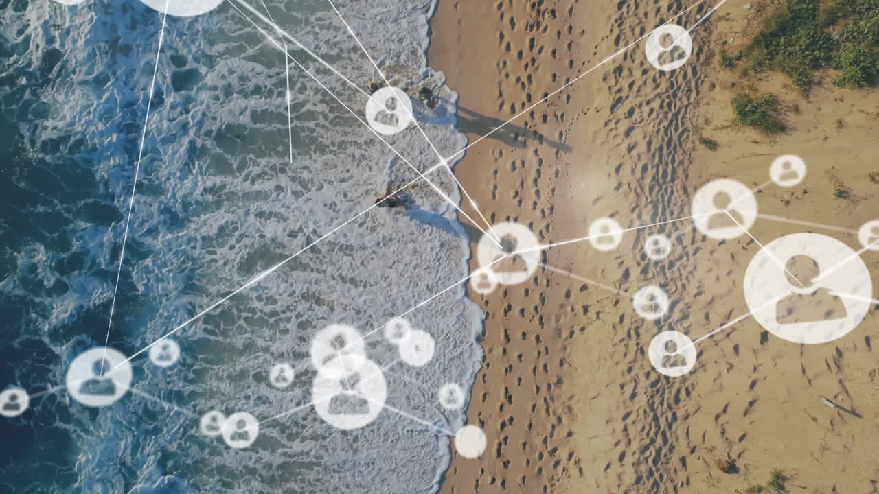 animación de la red de conexiones con íconos sobre la orilla del mar