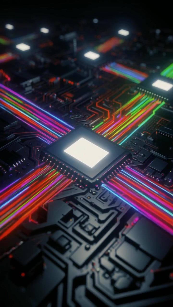 Futuristic Computer Processor Chip with Glowing Data Streams