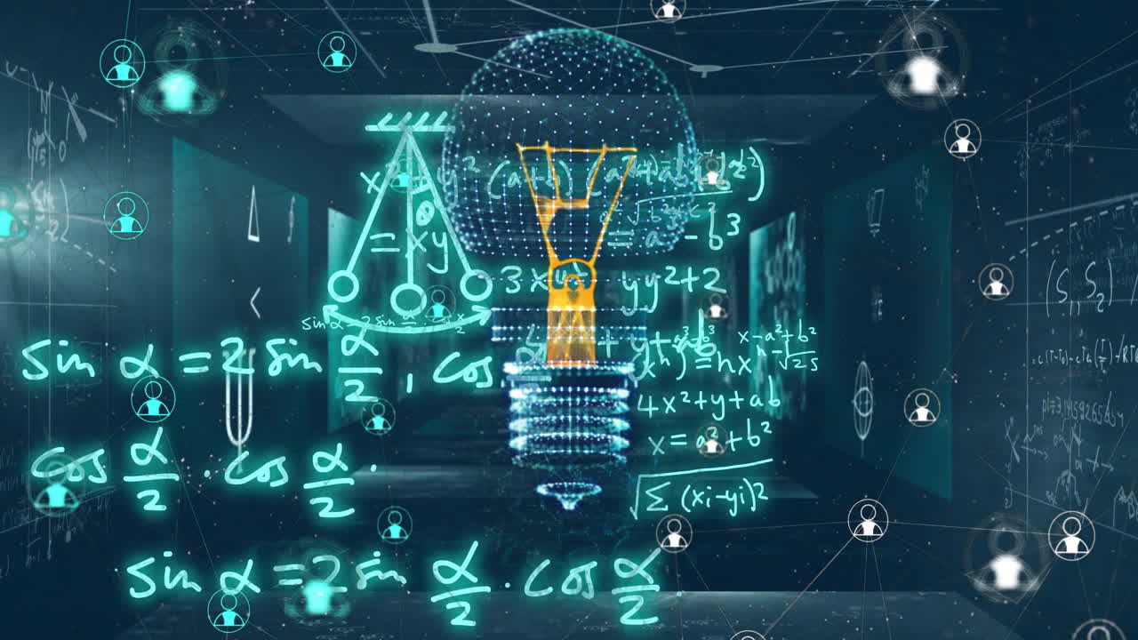 Animation of light bulb with network of connections over mathematical equations on blue background