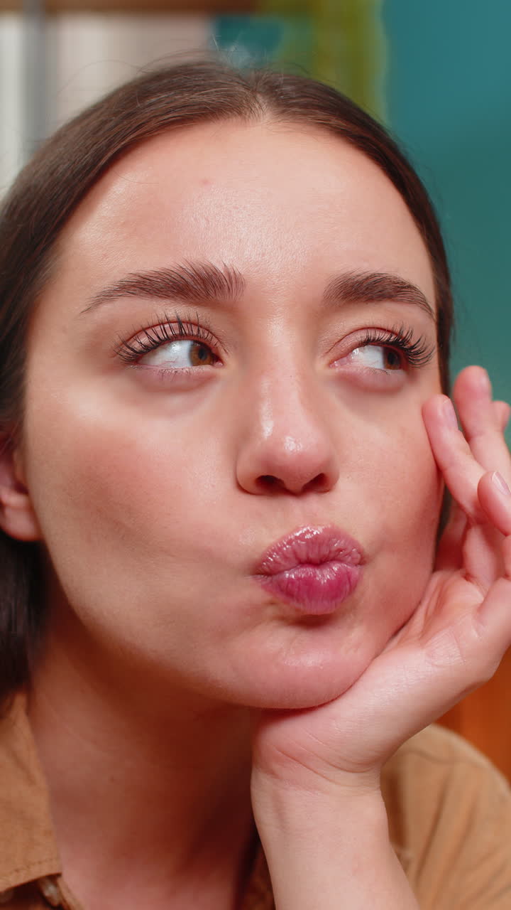 Young woman close up resting chin on hand thinking hard about solution looking for creative answer