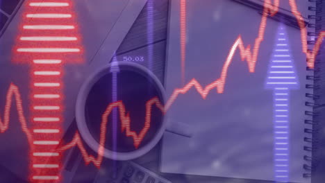 datos financieros y gráficos de mercado de valores animación sobre el escritorio de la oficina con café