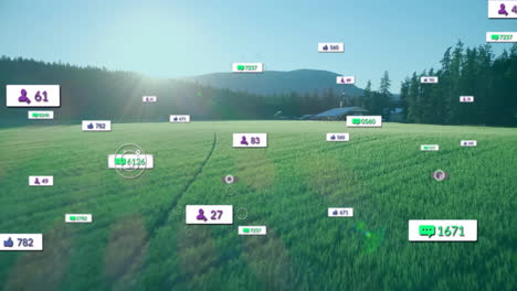 social media metrics floating over green field displaying purple icons, thumbs-up and chat bubbles