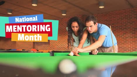 Animation-of-national-mentoring-month-text-over-diverse-couple-playing-billard