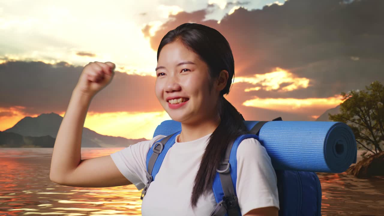 Close Up Side View Of Asian Female Hiker With Mountaineering Backpack Screaming Goal Celebrating The Success At A Lake