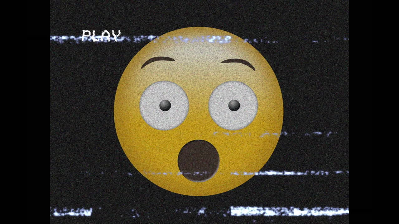 Digital animation of vhs glitch effect over surprised face emoji against black background