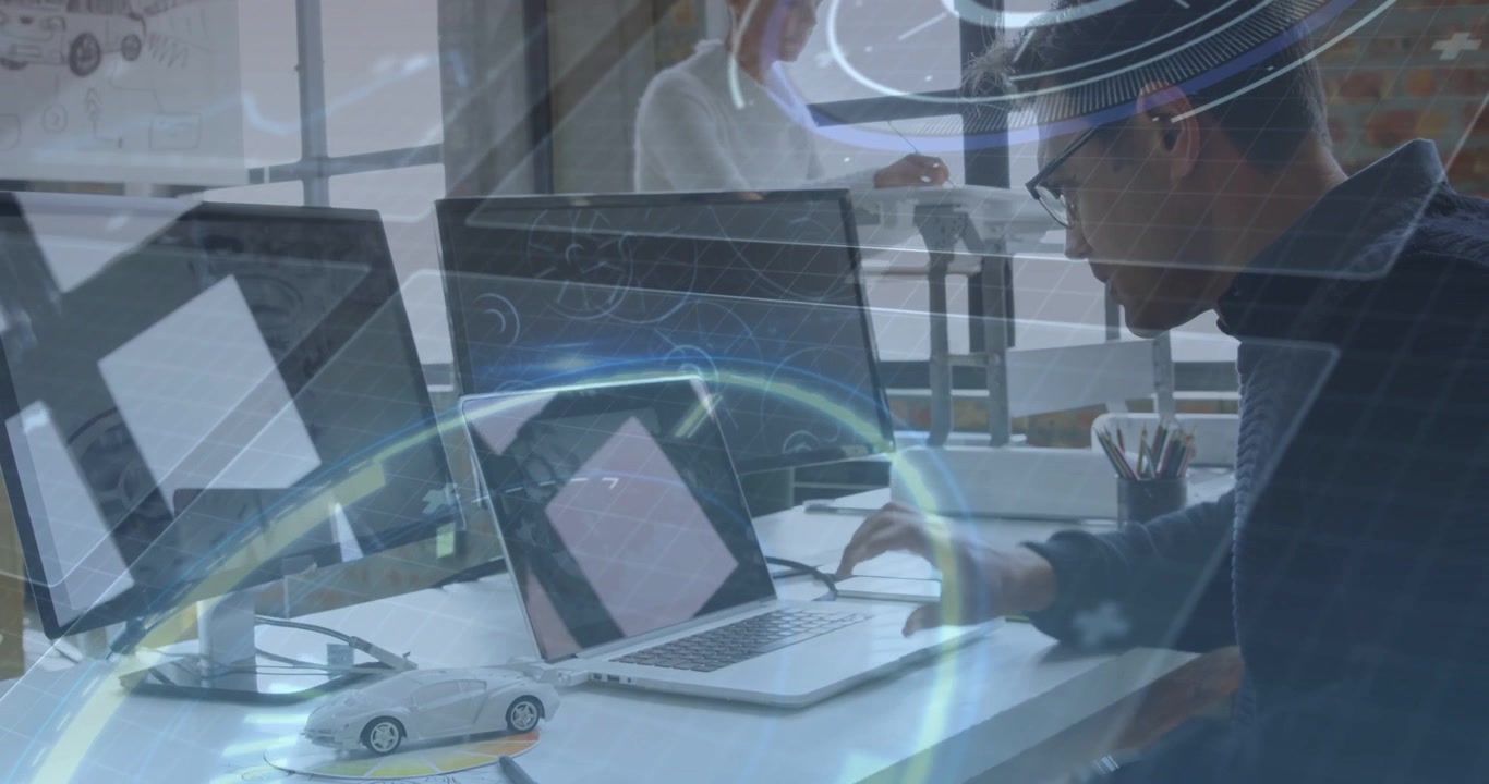 Vertical video: Eye rubbing making man in dark tee at work fixing glasses typing on laptop with HUD