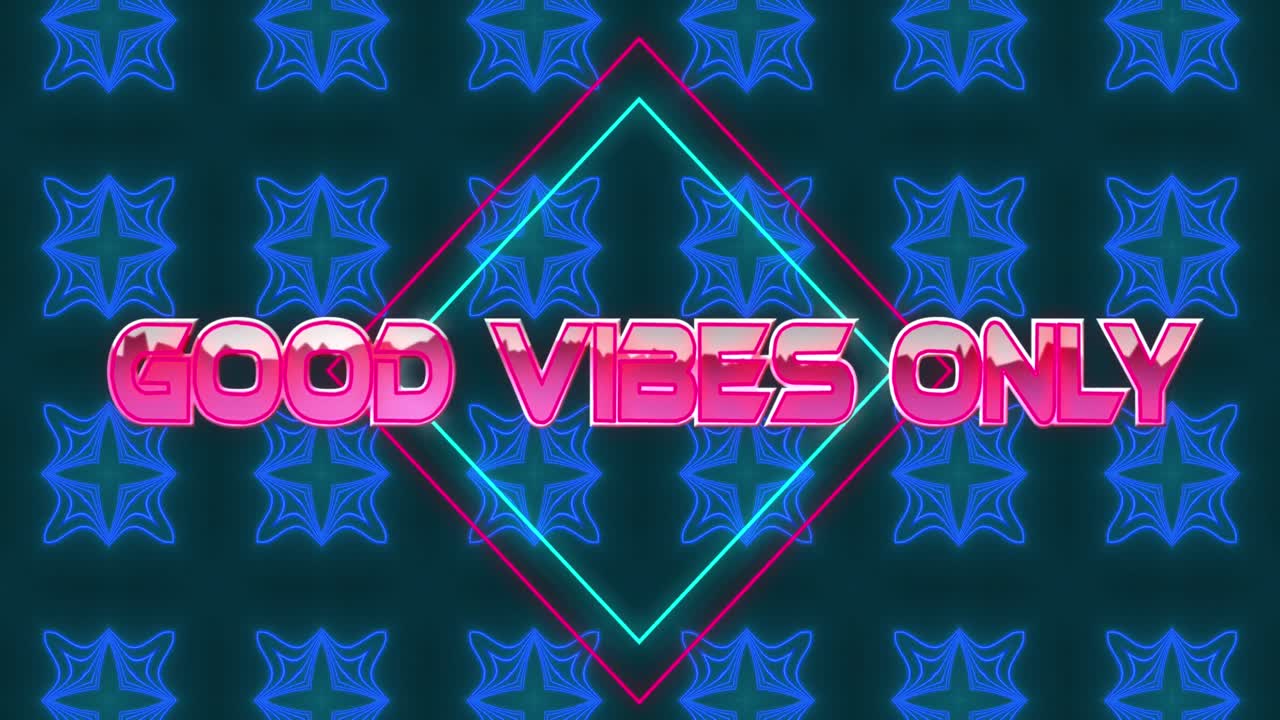 파란색 칼레도스코프 패턴에 대한 텍스트 배너에 대한 좋은 진동에 대한 글리치 효과의 애니메이션