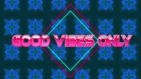 Animation-of-glitch-effect-over-good-vibes-only-text-banner-against-blue-kaleidoscopic-patterns