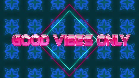 animation of glitch effect over good vibes only text banner against blue kaleidoscopic patterns