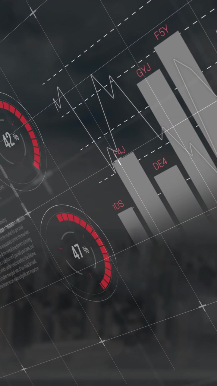 Animazione di grafici digitali e visualizzazione dati sovrapposti a uno sfondo di paesaggio urbano