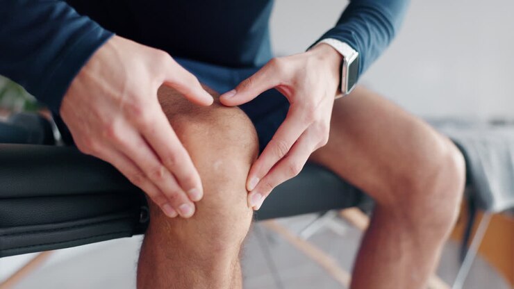 Knee pain, injury and hands with massage