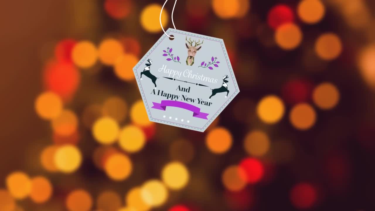 animación de feliz navidad y un texto de feliz año nuevo sobre puntos de luz.