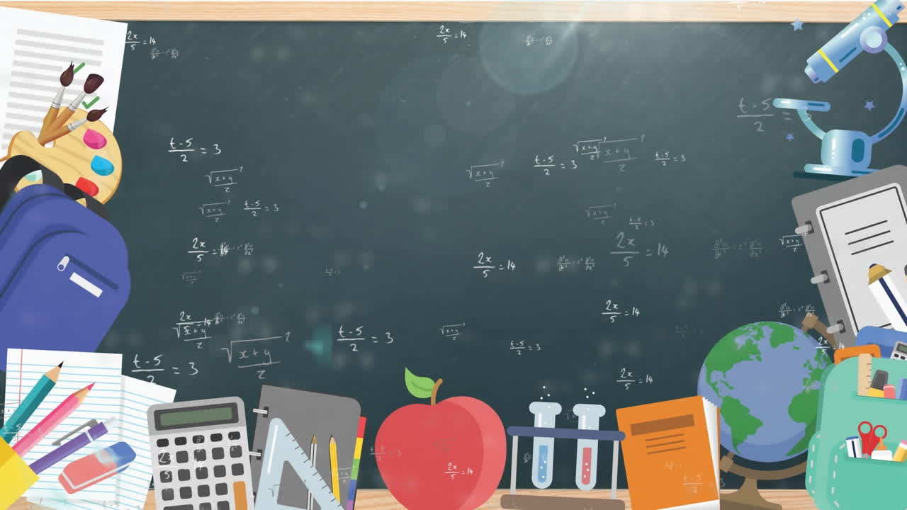 Beberapa ikon konsep sekolah di atas persamaan matematika yang melayang di atas papan tulis hitam.