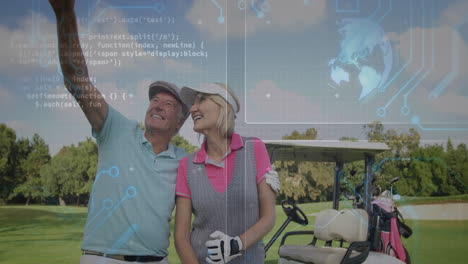 couple taking selfie on golf fairway, holding golf club and showcasing digital technology overlay