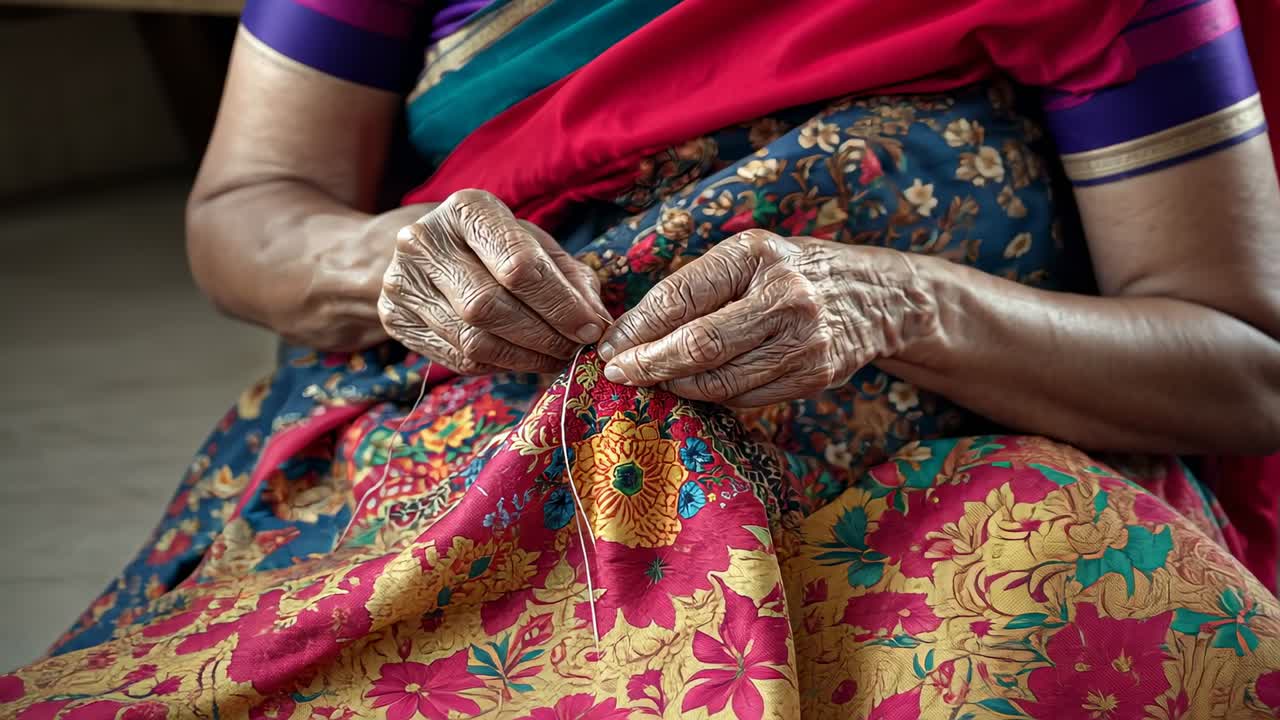 Stitching senior Indian woman bringing needle through red floral sari at home, pulling thread taut