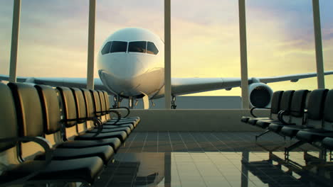 animation of modern airport terminal with black leather seats and a huge viewing glass facade. beyond the window you can see an airplane waiting for being loaded and start the international flight. hd