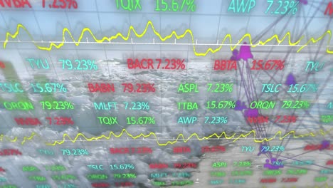 Animation-of-network-of-connections-with-icons-and-stock-market-over-sea