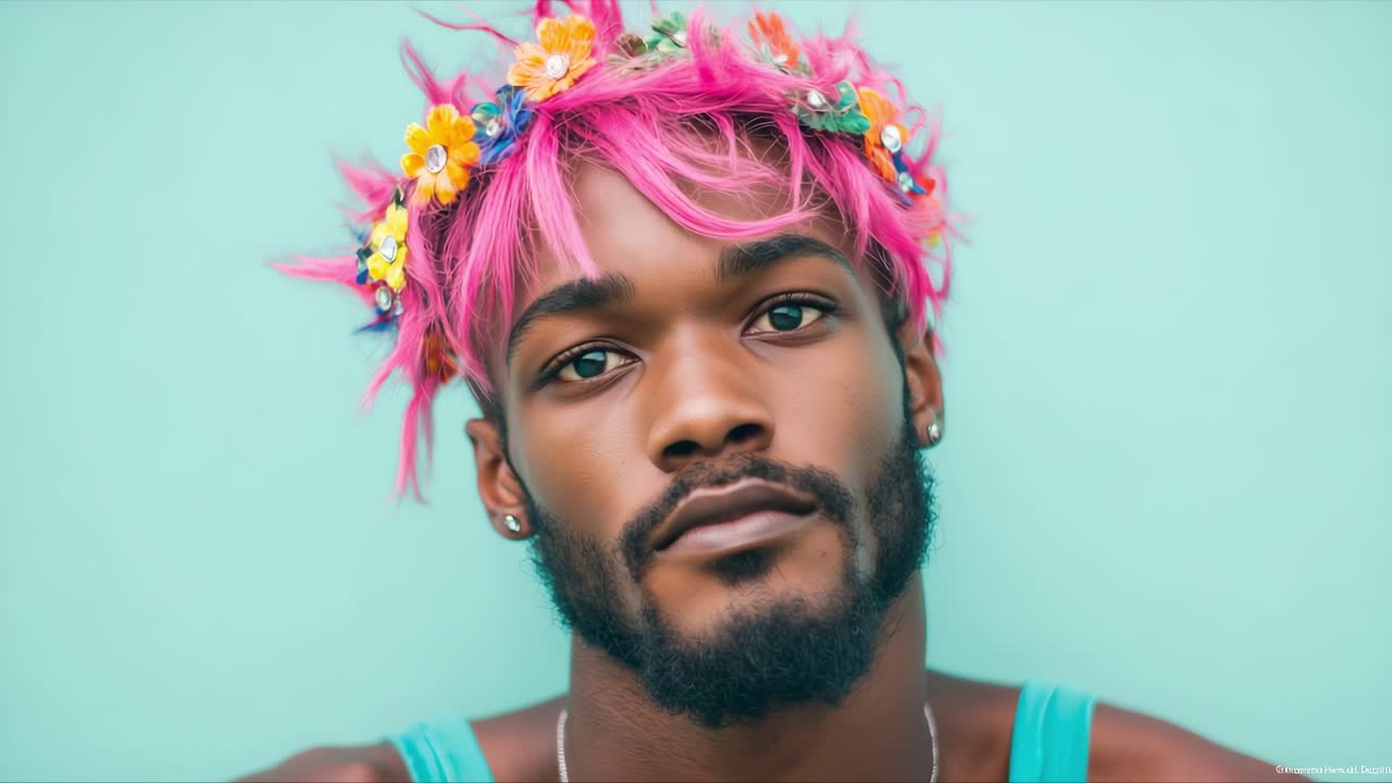 Man with pink hair and flower crown