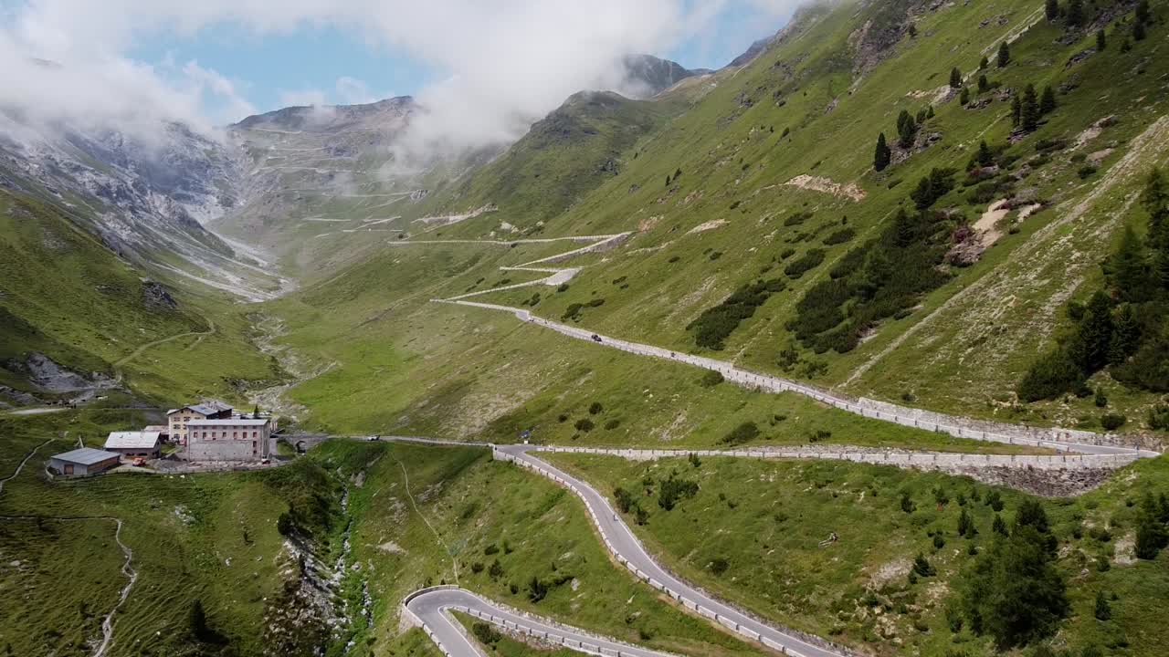 Aerial Drone View of the famous Stelvio Mountain Pass in Italy - Cycling Road of the Giro d' Italia