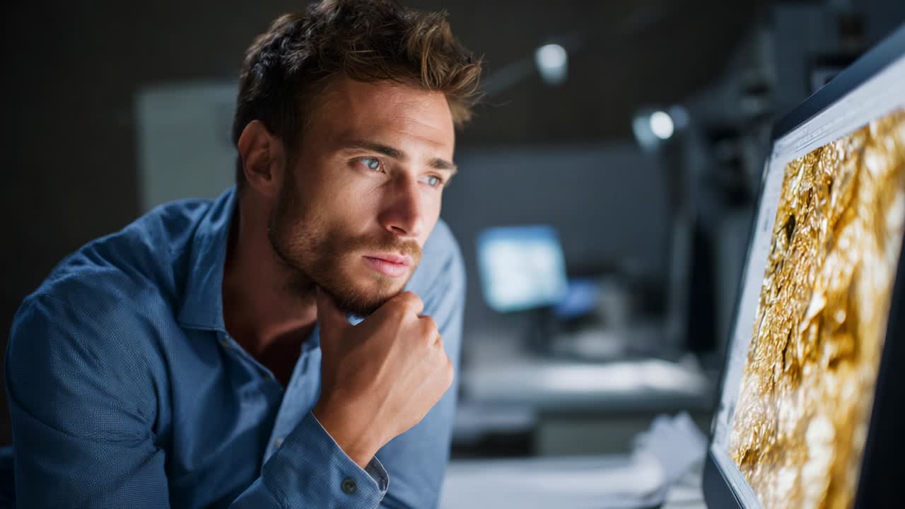 A Thoughtful Individual Analyzing Detailed Visual Data on a Computer Screen in a Dimly Lit Environment, Engaged in Deep Reflection and Consideration of the Intricate Patterns Displayed