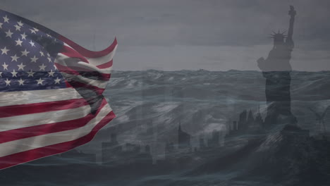 animation of waving american flag over new york