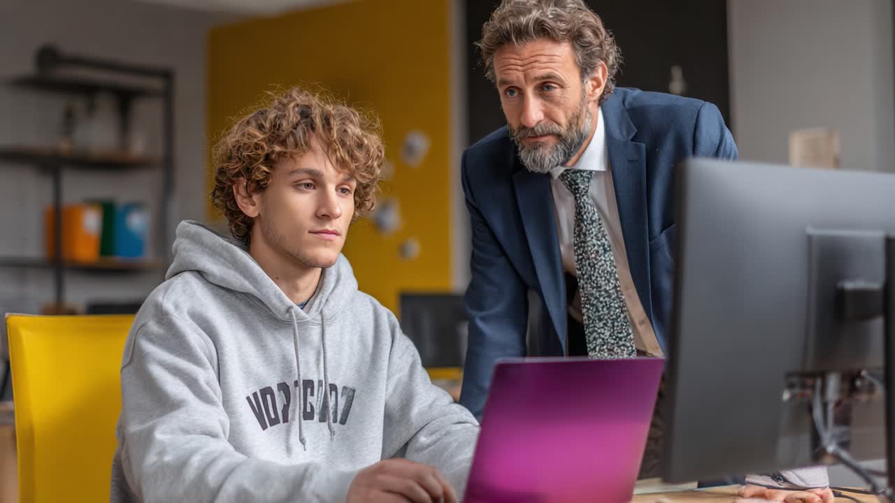 Mentorship in Action: A Young Learner Engages with an Expert, Exploring Technology and Growth in a Modern Workspace