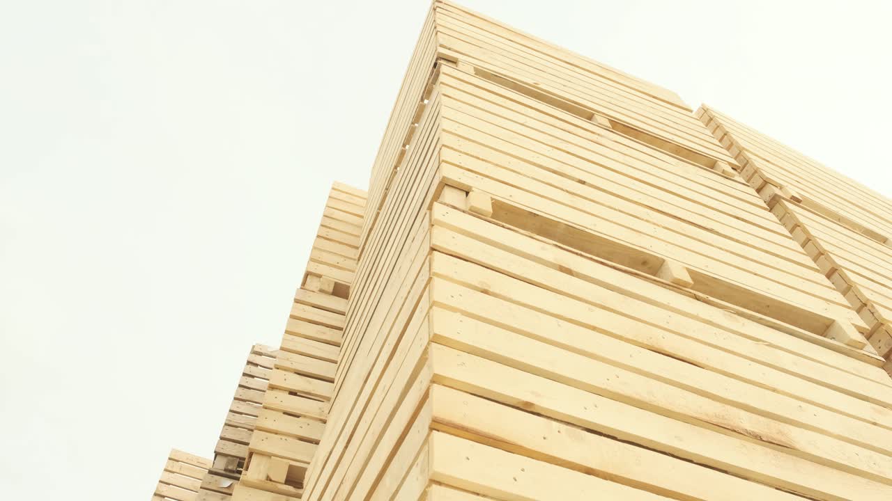 Folded empty wooden boxes in warehouses, boxes are designed for harvesting fruits and vegetables