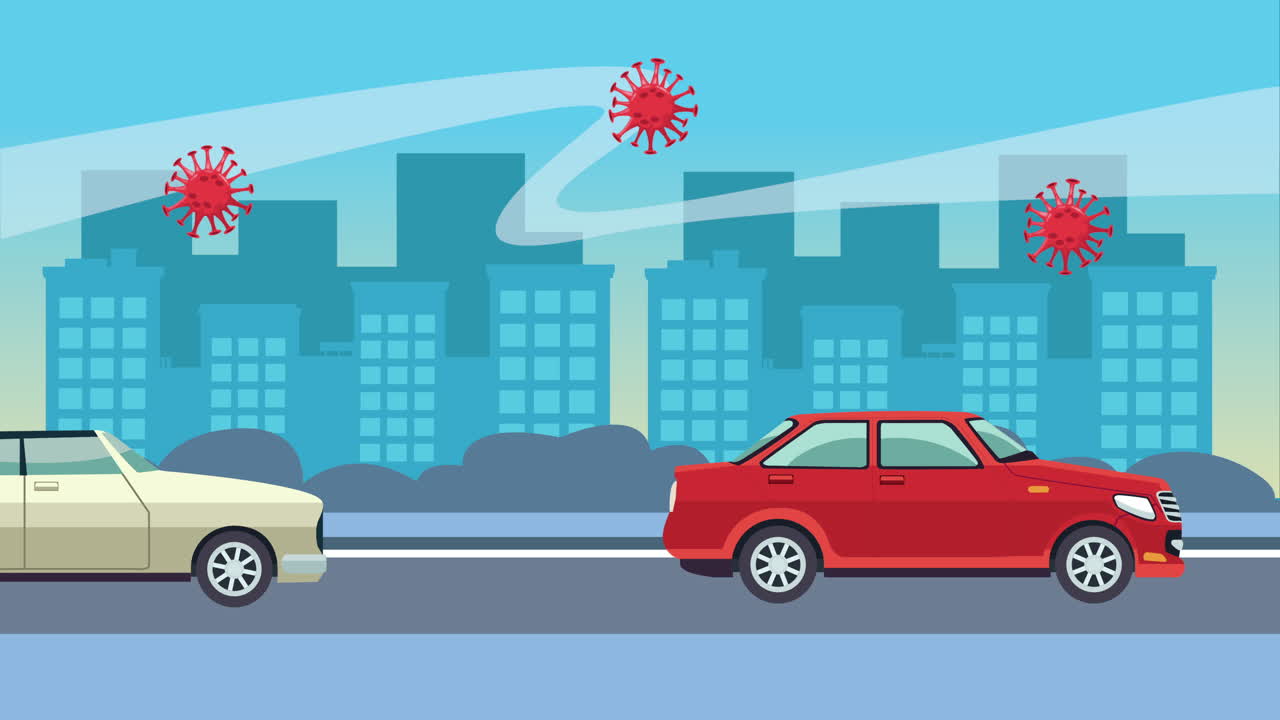 coche blanco en la escena del paisaje urbano de la carretera con partículas de coronavirus