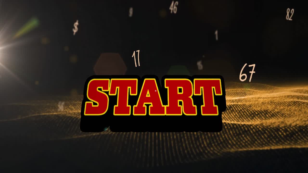 animación del texto de inicio sobre la cuadrícula naranja y las letras voladoras