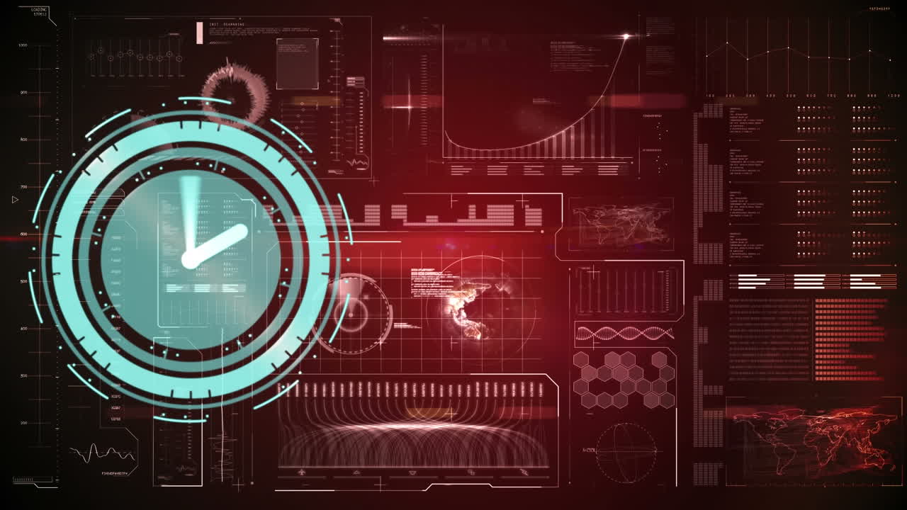 Animation of neon ticking clock icon over interface with data processing against red background