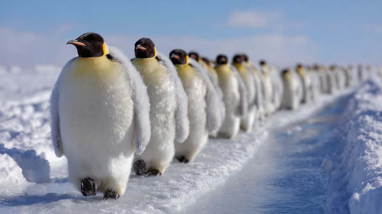 A Charming Parade of Penguins: Emperors on Ice Journeying Across a Snowy Landscape Under a Bright Blue Sky, Capturing the Essence of Arctic Life