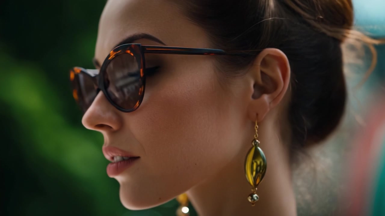 Donna elegante che indossa occhiali da sole e orecchini raffinati, mettendo in mostra moda e bellezza in un vivace ambiente esterno, catturando fiducia e vibrazioni estive.