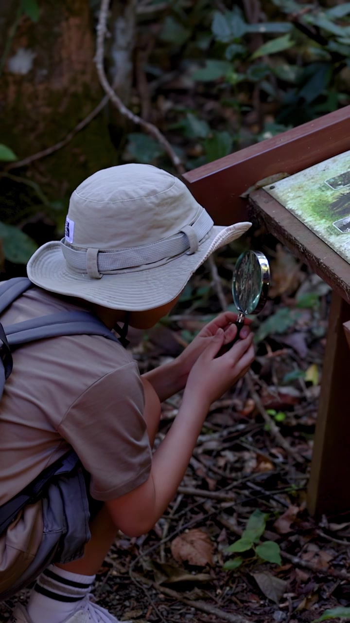 Um jovem explorador agacha-se em um caminho na floresta, usando uma lupa para examinar a natureza