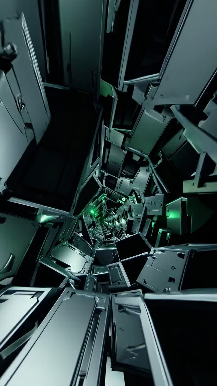 Metallic panels rotating, generating green lit technological tunnel with dynamic motion, representing high tech digital environment and innovative design concept