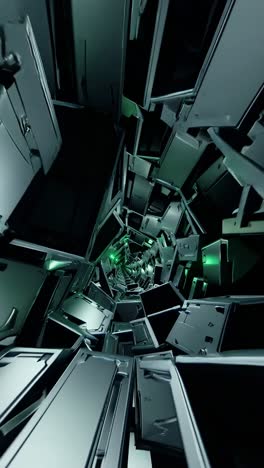metallic panels rotating, generating green lit technological tunnel with dynamic motion, representing high tech digital environment and innovative design concept
