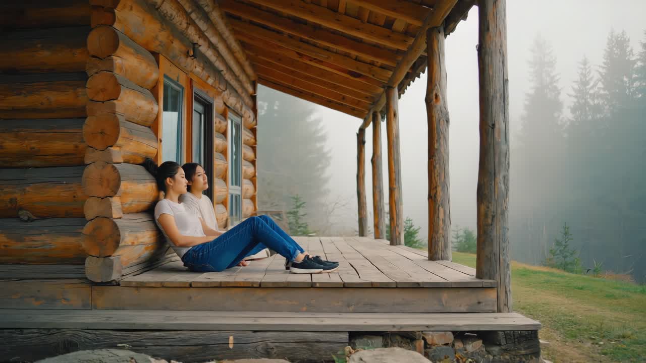 Two friends are sitting on the wooden porch of a cozy log cabin, taking in the serene atmosphere of a misty mountain morning, enjoying the peace and quiet of nature