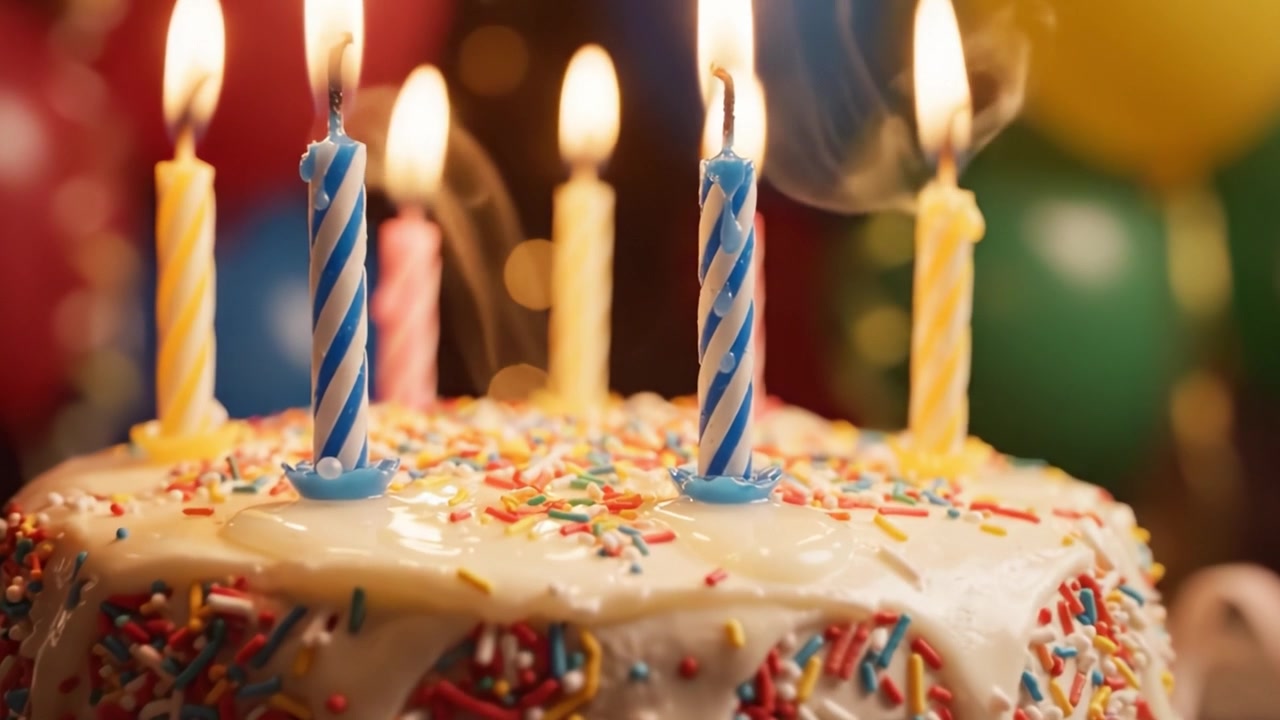 Una celebrazione festosa: torta di compleanno colorata circondata da palloncini e articoli per feste, con candele vivaci e zuccherini colorati per celebrare un'occasione speciale.