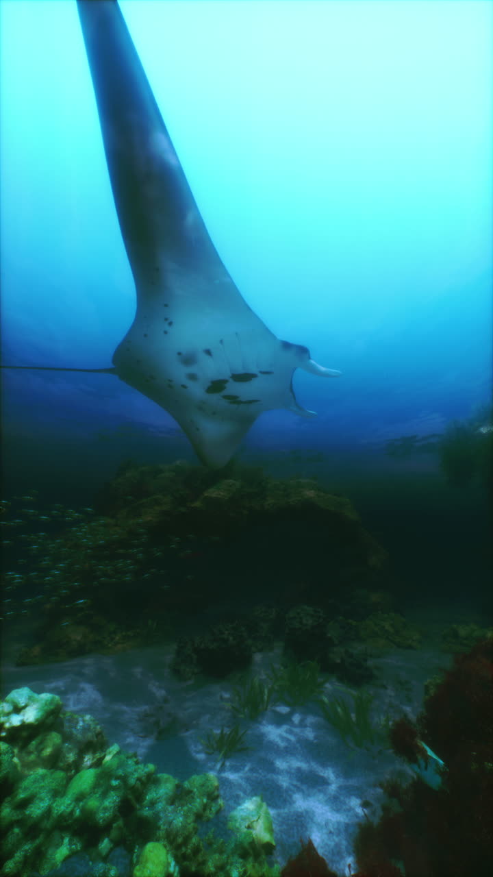 la raya manta nadando sobre el arrecife de coral
