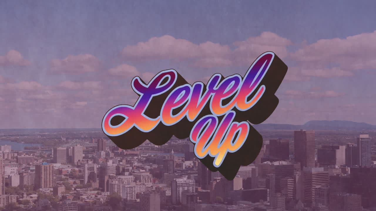 animación de texto de nivel en letras coloridas sobre película envejecida de cielo azul y paisaje urbano.