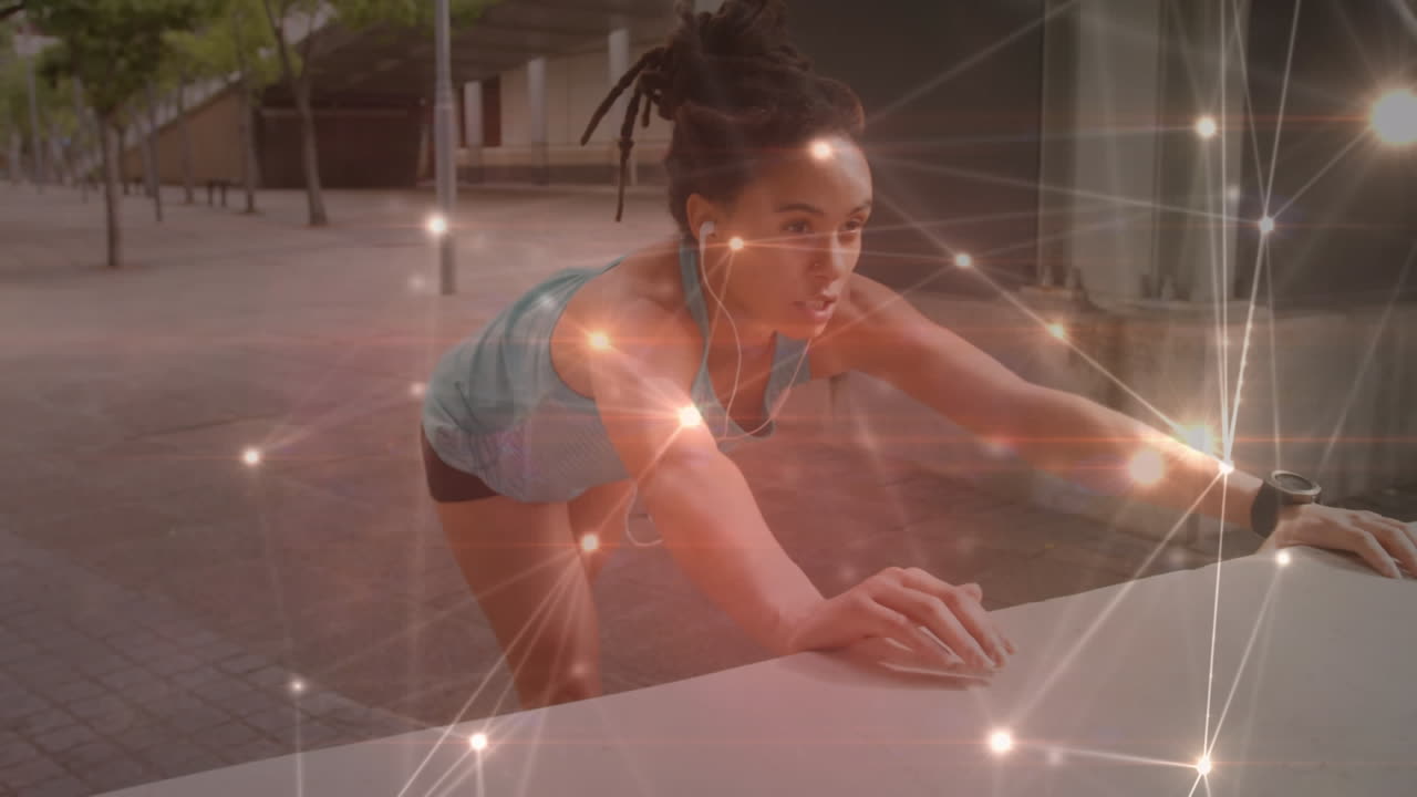 animación de la red de conexiones sobre mujeres que hacen ejercicio al aire libre