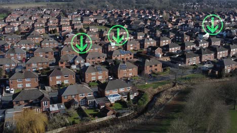 multiple green arrow symbols flashing above neighbourhood house rooftops aerial view