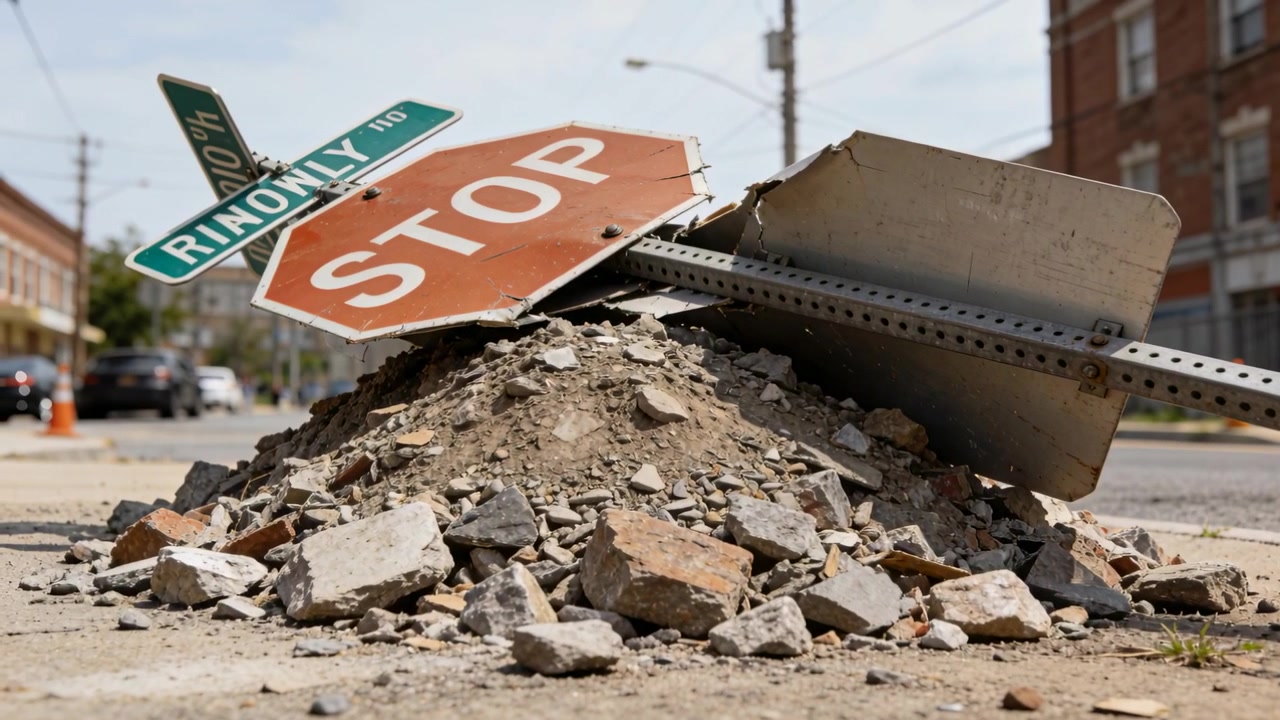 Segnale di stop caduto e appoggiato su detriti all'incrocio stradale dopo lavori stradali, cono stradale.
