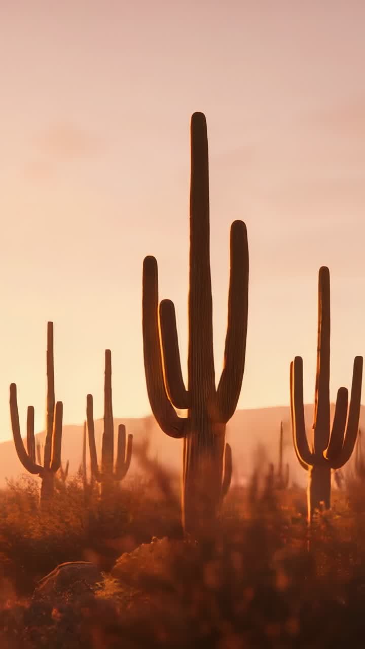 Vertical video: Starting camera panning over sunset desert, showcasing saguaros, shrubs and ridge