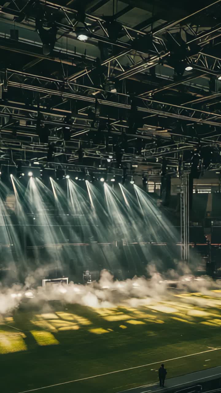 Vertical video: Worker walking field edge at stadium following fog machines misting near spotlights