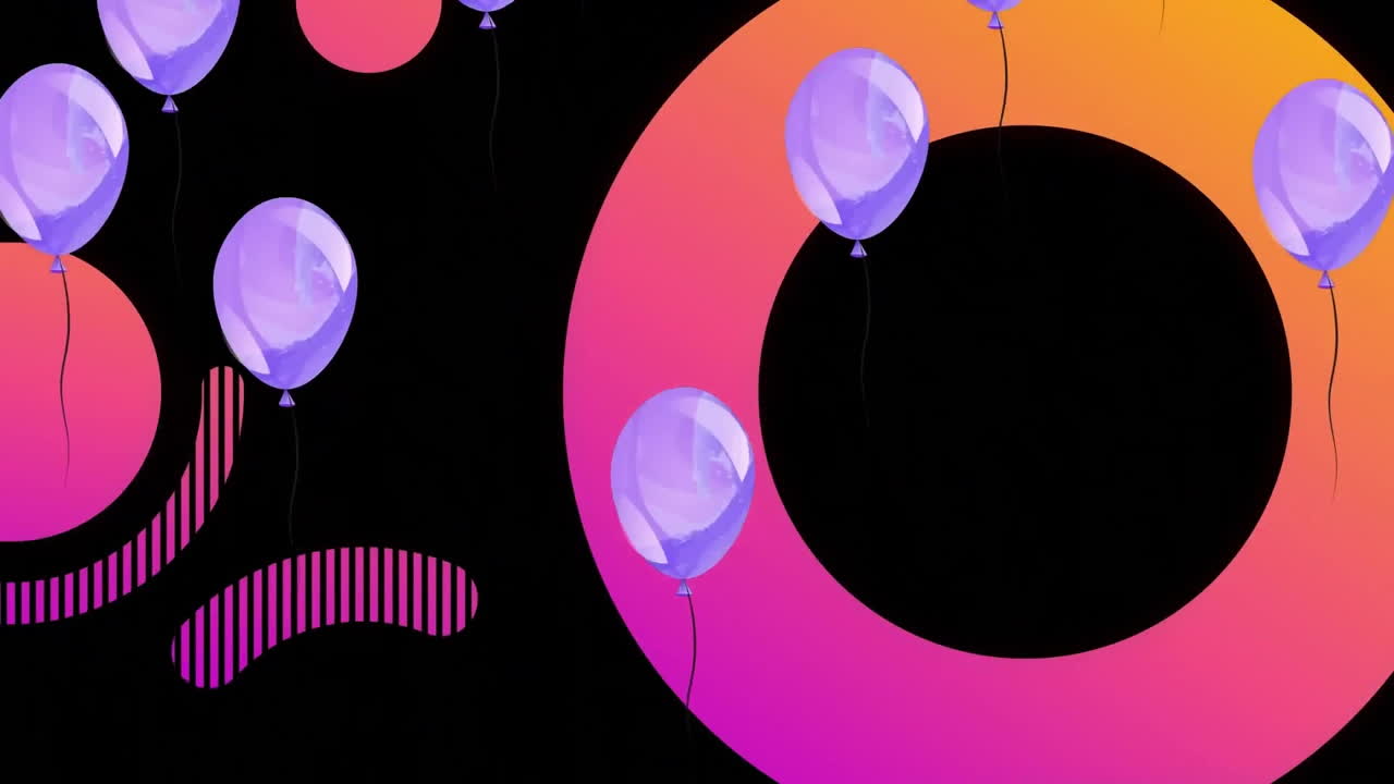animación de globos púrpuras y círculos vibrantes sobre un fondo negro