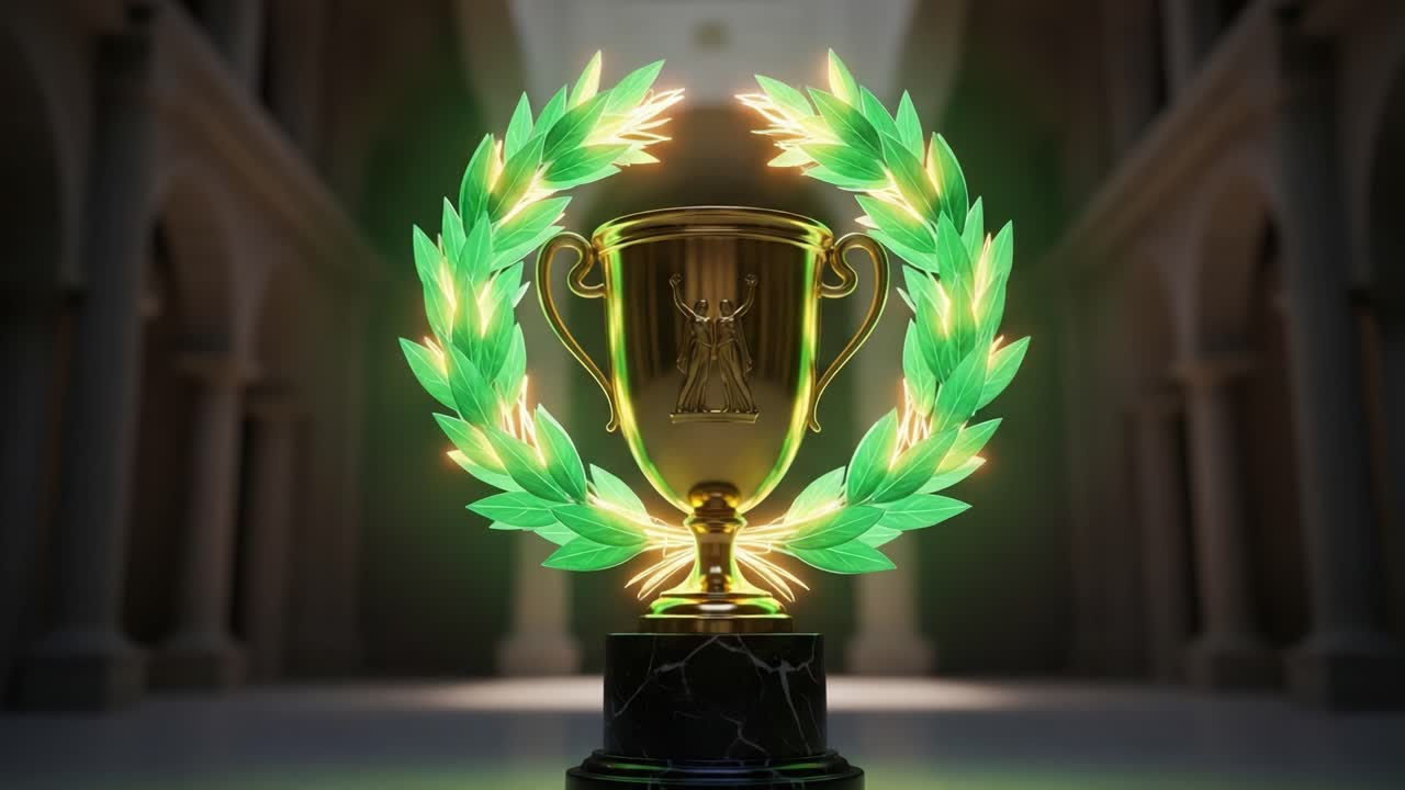 Ceremonial Trophy Surrounded by a Lush Olive Wreath Symbolizing Victory and Achievement, Gleaming in a Grand Hallway with Elegant Architecture