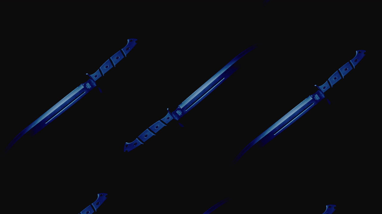 Knives on the dark background and in blinking red and blue light rotate in slowmotion