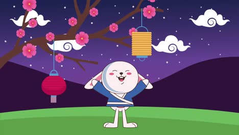 토끼와 꽃 장면을 가진 가을 중절 축제 애니메이션